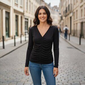 Narciso Rodriguez DesigNation Ruched Front V-Neck Knit Black Top M Lmtd Edition